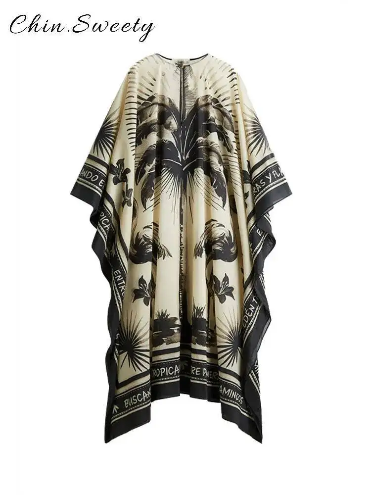 فستان أنيق مطبوع طويل مطوي للنساء فضفاض برقبة دائرية وأكمام طويلة فساتين الحفلات 2025 صيفي للسيدات لقضاء العطلات على الشاطئ جديد