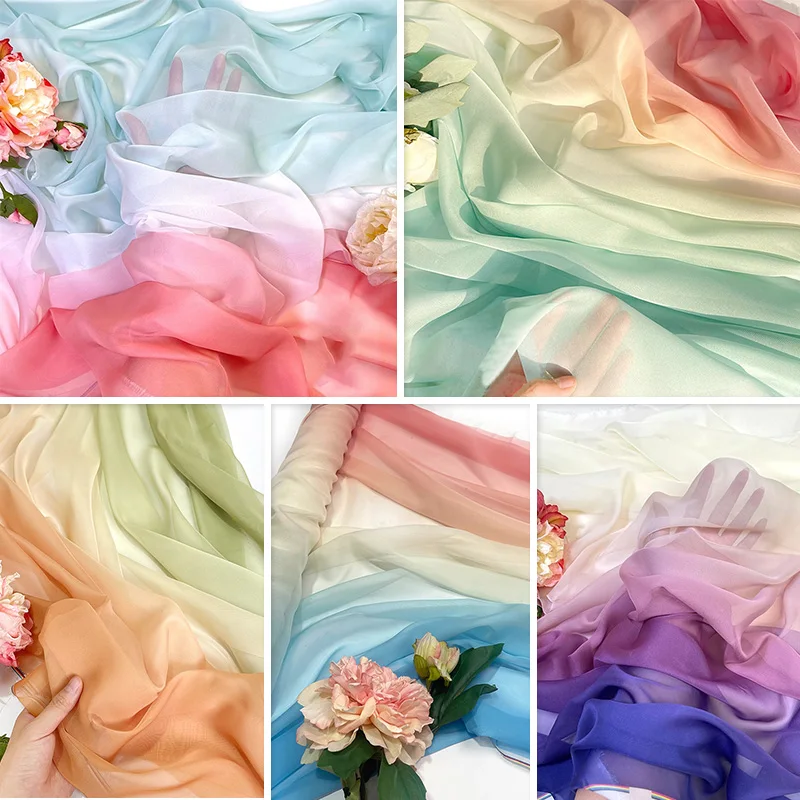 Rainbow Gradient Color Chiffon Fabric 30D Organza Tulle Fabric For Diy Ancient Style Hanfu Wedding Dress Stage Party Decor