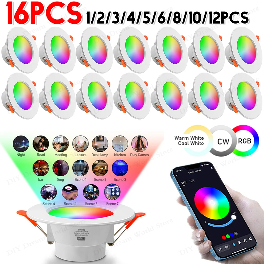 Smart LED Downlight LED Ceiling Recessed Down Light Dimmmable Spot Lamp 10W RGB+CCT+CW Changeable LED Downlight For home