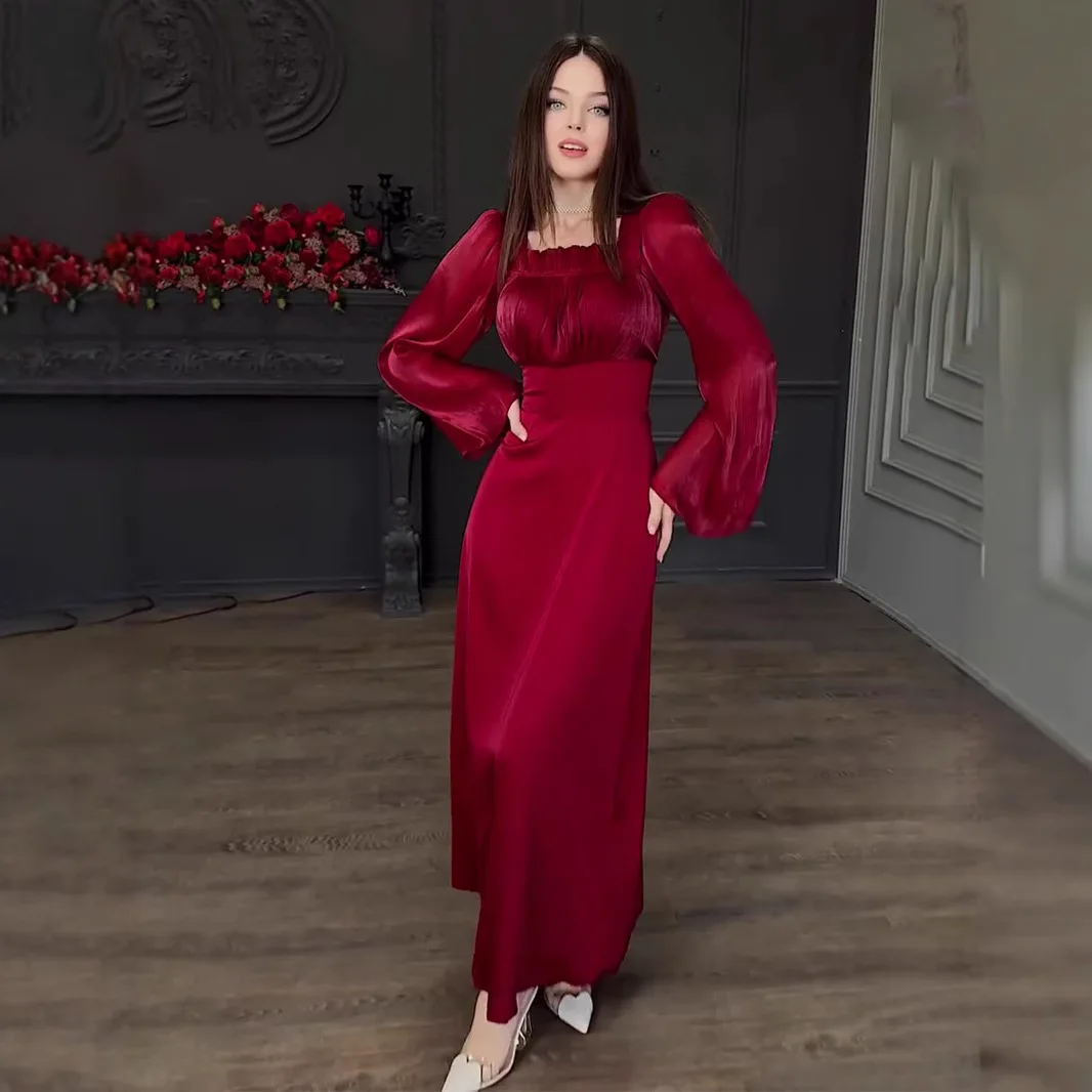 Doux couleur Pure cloche Sve Wrap Dr avec plis col carré épissage soie Lustre a-ligne Dr Ele Sle Long Dr