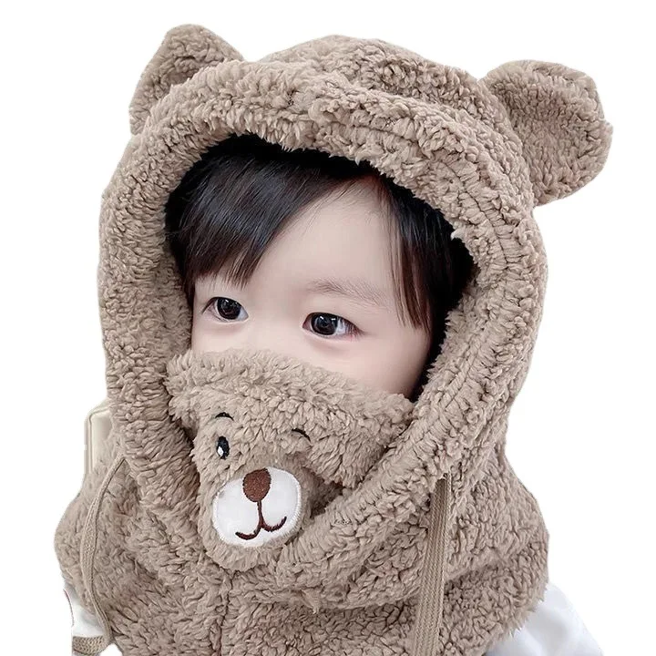 Plush Hat Autumn Winter Cute Children Cartoon Scarf Masked Hood Cap Double Fleece Warmth Boy Girl Adult Parent-child Baby Hat