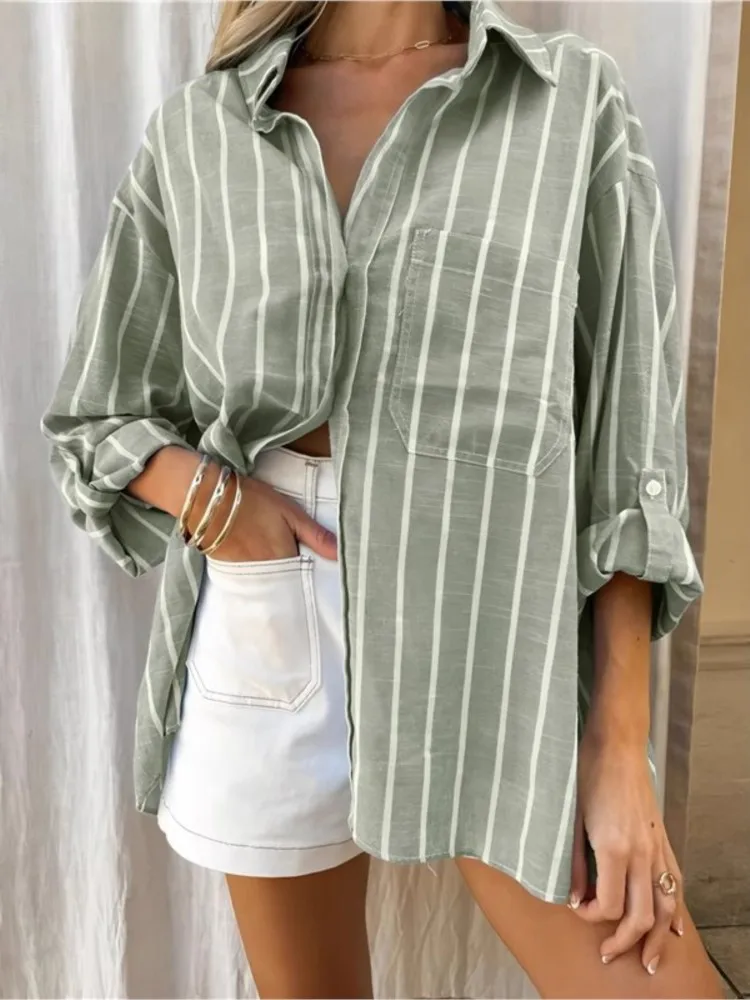 

Casual Striped Shirt Lady Fashion Long Sleeve Turn-down Collar Button Shirts Tops For Women Holiday Office Womens Clothing New