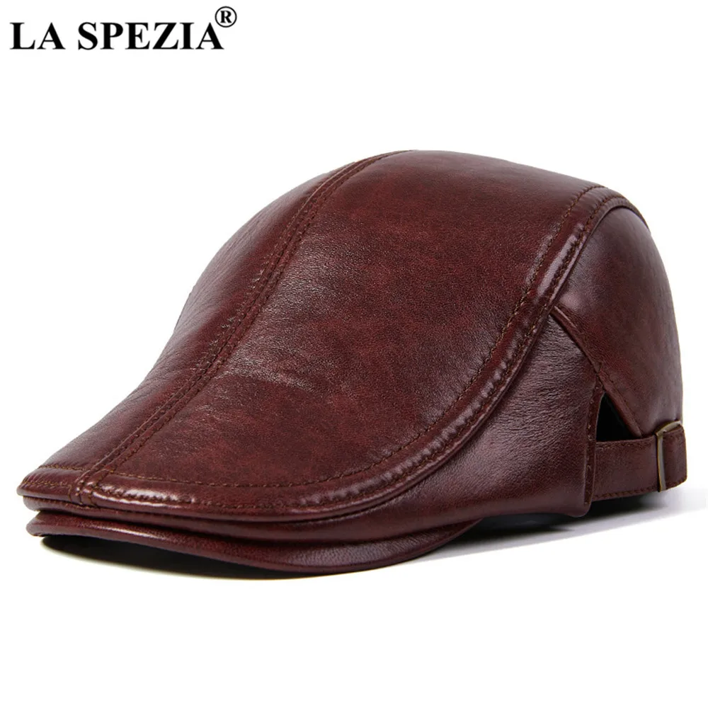 LA SPEZIA Beret Hat Genuine Leather Flat Cap for Men Burgundy Alligator Real Leather Newsboy Vintage Male Winter Duckbill Hats