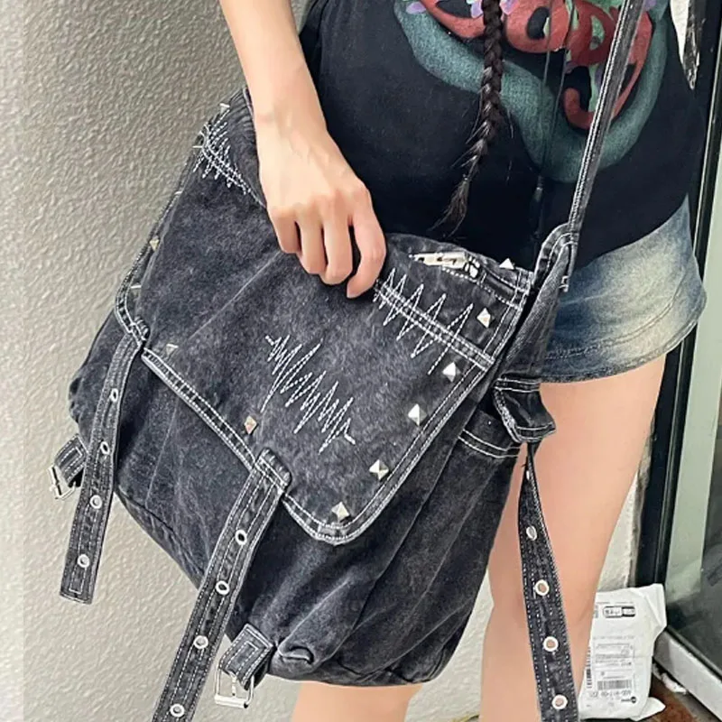 Large Capacity Casual Satchel Capacity Denim Vintage Messenger Bag Adjustable Strap Daily Tote Bag Multifunction Shoulder Bag