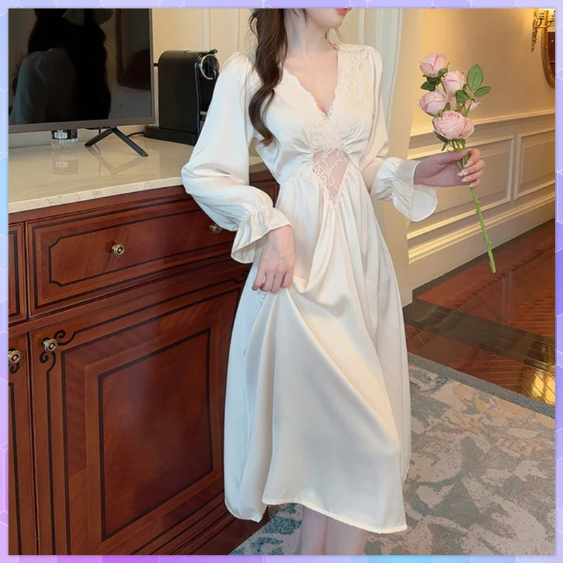 Robe Women's Ice Silk Pajamas Sexy Nightie Nightgowns Lace Sleepwear Long Sleeve Spring Autumn Satin Night Dress Homewear