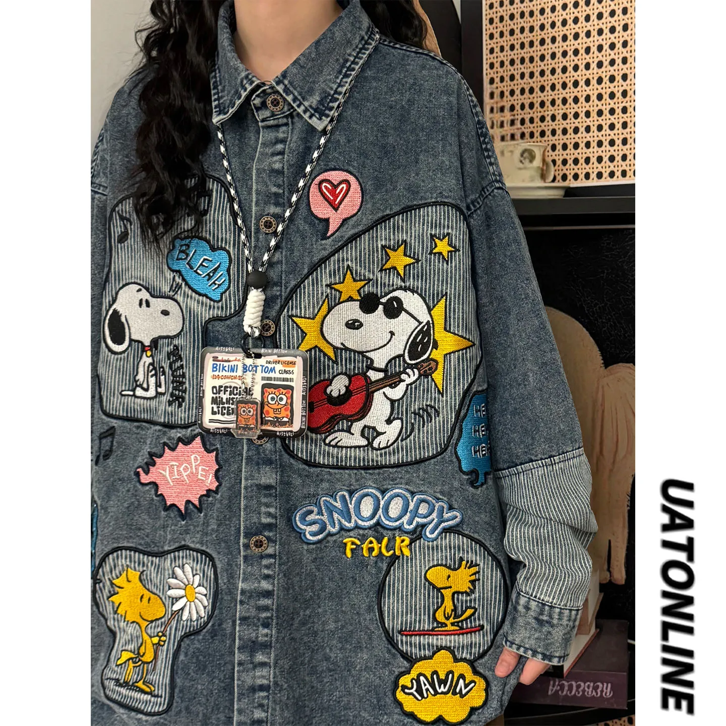 

UATONLINE2026 Spring American Retro College Sle Cartoon Dog Embroidery Denim Long Sve irt Women Trendy Loose Fit Stree...