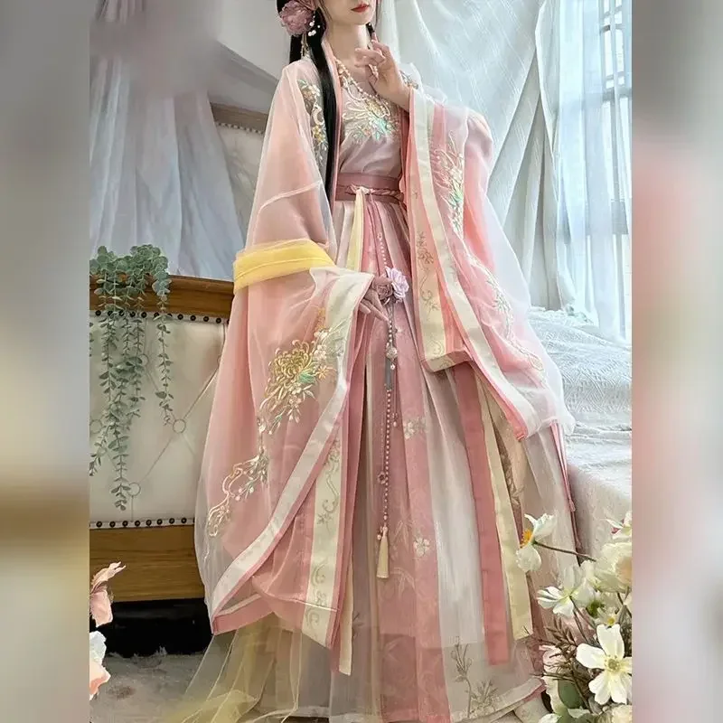 Authentic Hanfu Costume with Delicate Embroidered Patterns, Waist Sequins, A-line Pleated Skirt, Vintage and Fairy-like Style