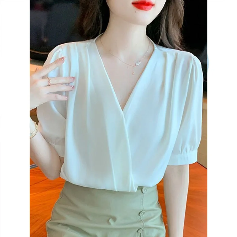 Korean Acetic Acid Satin Surface Chiffon Women Summer Temperament Puff Sleeve Design Sense Tops V-neck Loose Solid Color Shirt