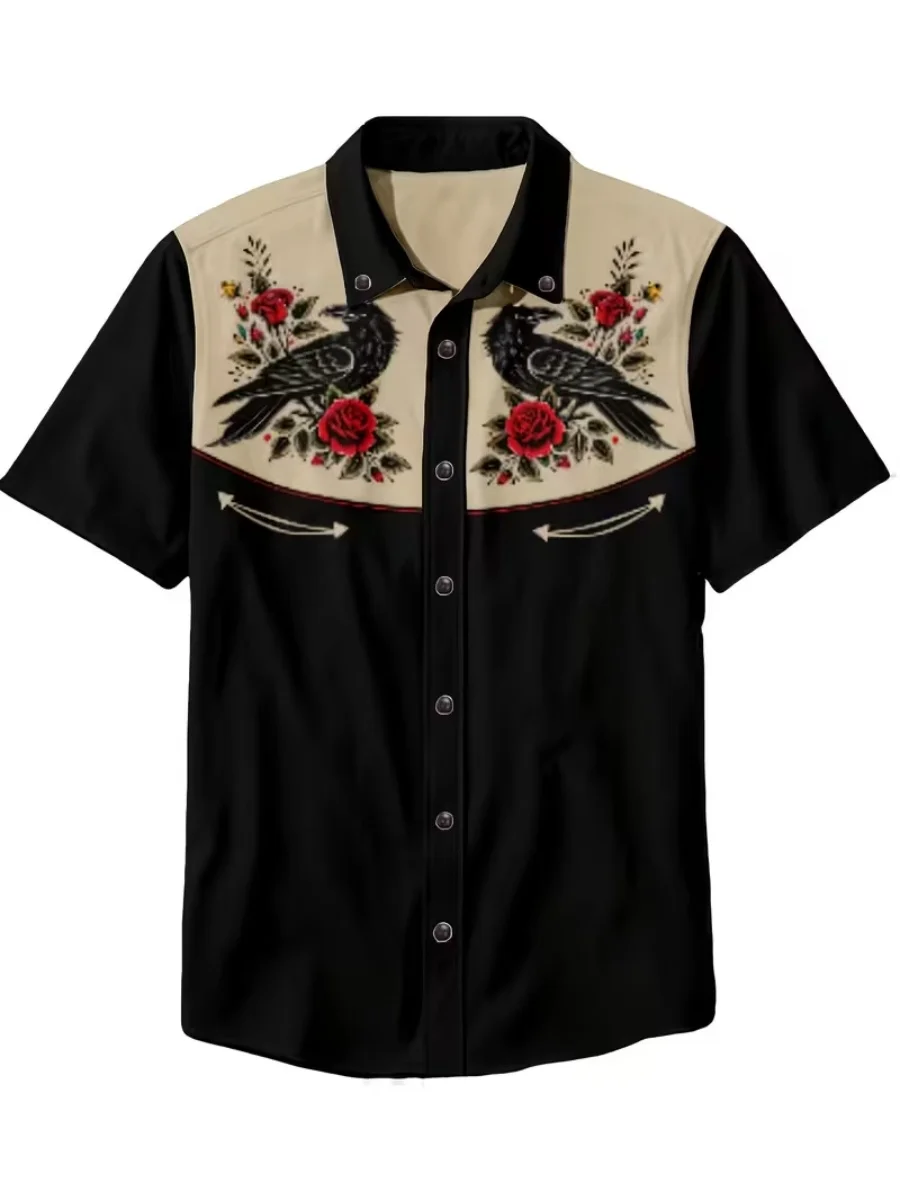 Men Western Cowboy Short Sleeve Shirt Crow Red Rose Floral Print Patchwork Contrast Color Lapel Button Down Casual Vintage Stree