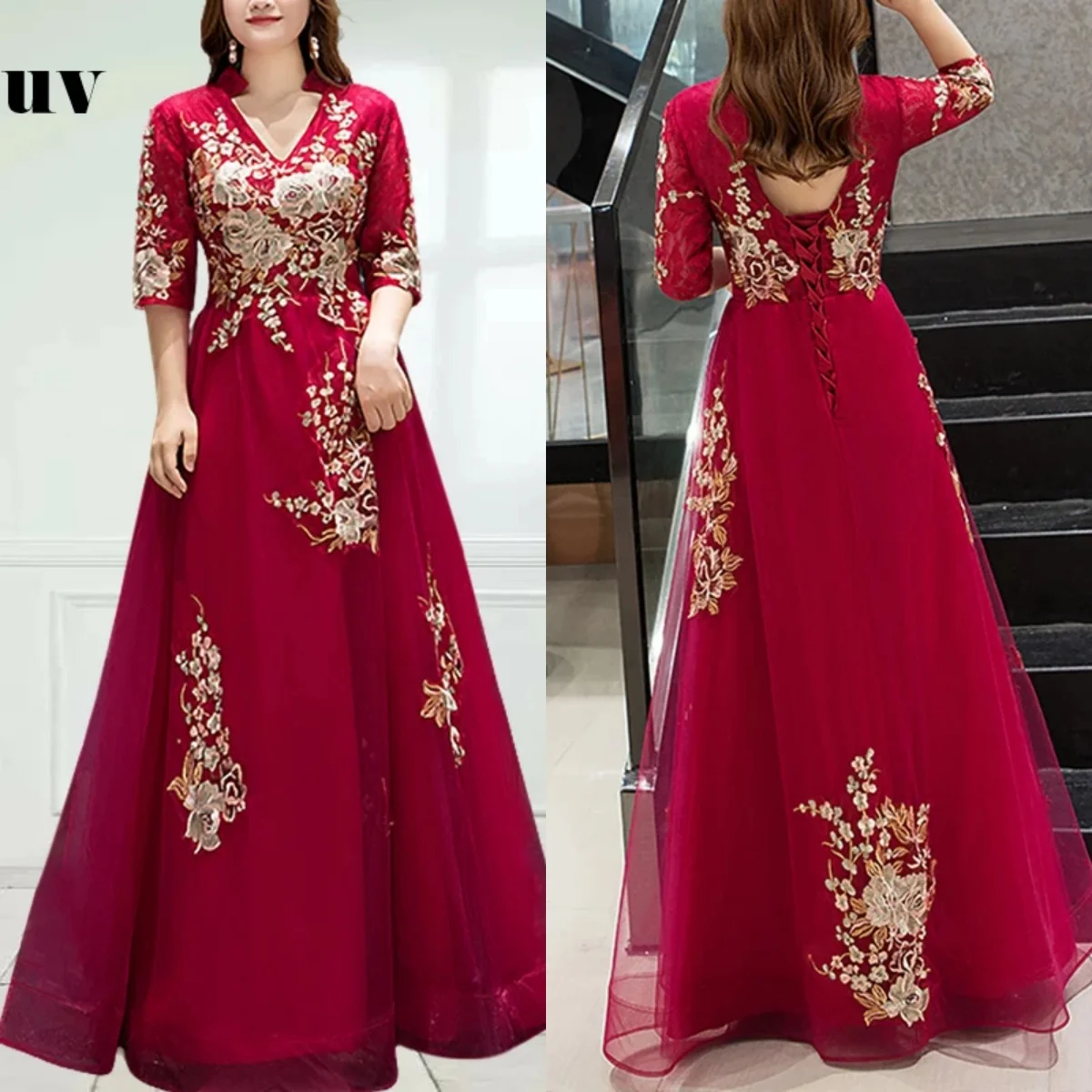 

Evening Dress Burgundy Tulle Appliques Half Sleeve V-Neck Robe De Soiree A-line Floor Length Plus size Women Party Formal Gowns