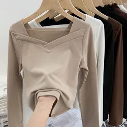 Four Colors Spring Summer Basic Sense of Design Long Sleeve T-Shirts Square Collar Slim Pure Cotton Women's Clothing Simplicity