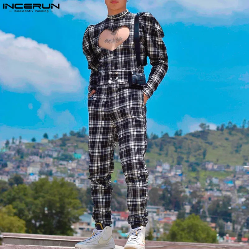 

INCERUN Men Plaid Sets Streetwear Stand Collar Long Sleeve Hollow Out Shirt & Pants 2PCS Fashion 2024 Men's Casual Suits S-5XL