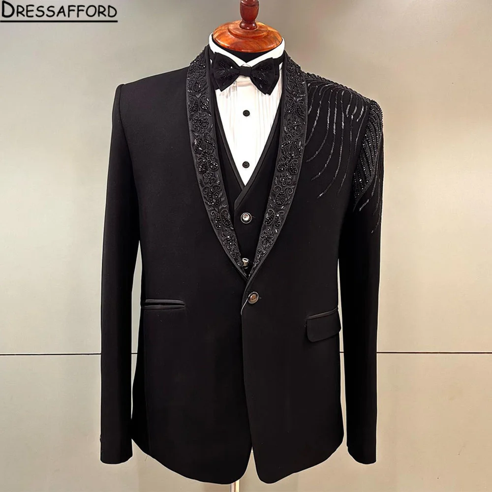 

Black Blazers Men Suits Pearls Beading Appliques Fashion Banquet 2 Piece Business Jacket Pants Trousers