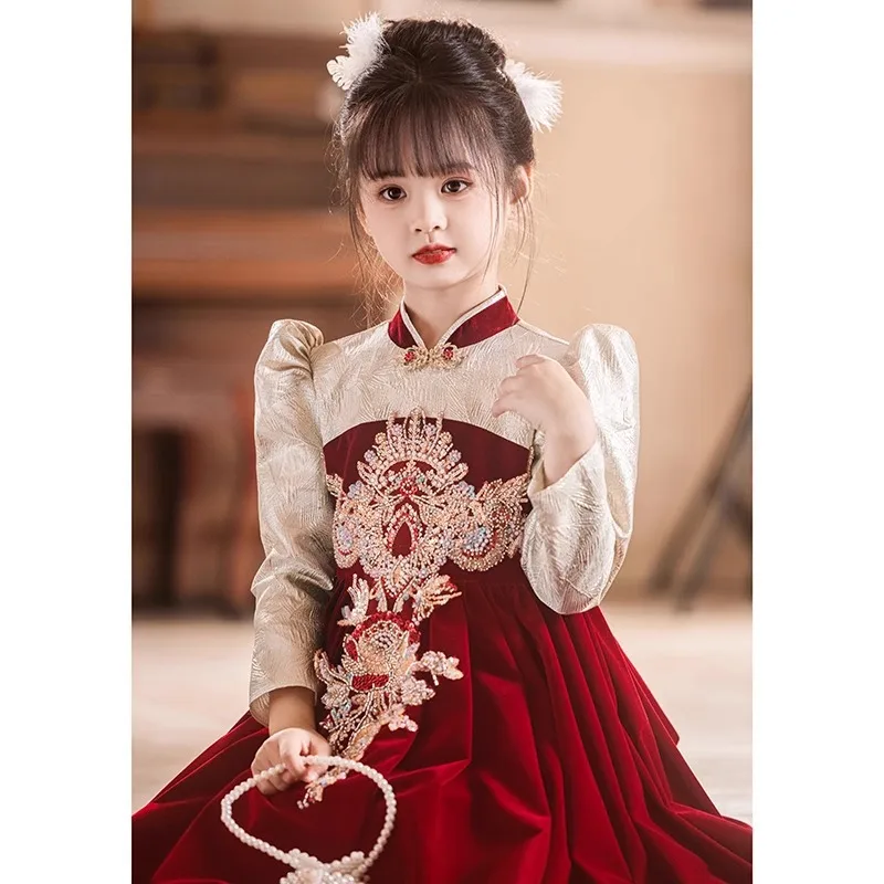 Children's Dress Red Spring and Autumn High-end Light Luxury Niche Girl's Beautiful Princess Dress Host Birthday High-end Feel