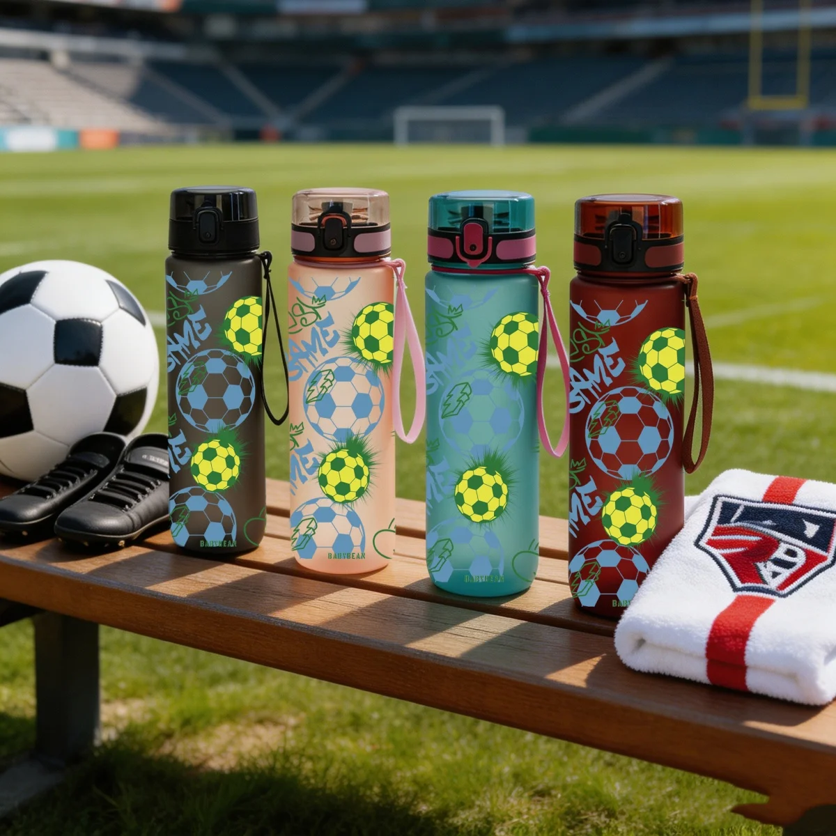 750ml Fußball-Themen Sporttrinkflasche Auslaufsicherer Plastikbecher mit Pop-Up-Deckel für Outdoor und Fitness