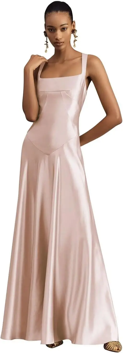 

Satin Bridesmaid Dress 2025 Women's Long Square Neck Backless Lace Up, Cocktail Party Dress,Women's Elegant Formal Evening Dress
