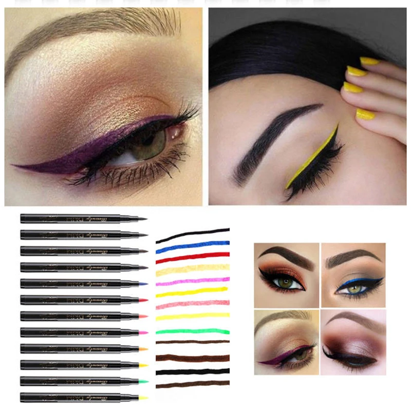 12-kleuren vloeibare eyeliner potlood waterdichte kleurrijke eyeliner pen hoogtepunt neon kleurrijke langdurige ogen make-up cosmetische