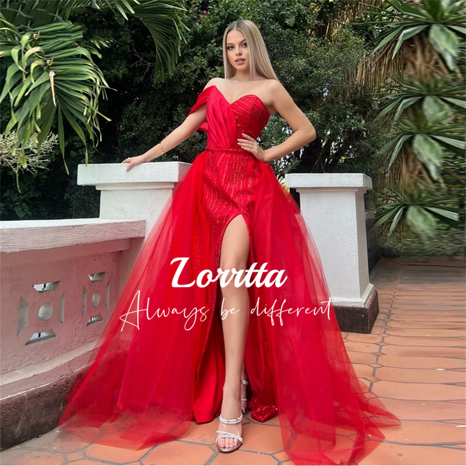 

Lorrtta A-line Tulle Sweetheart Ball Gown One-sleeve Party Dress Sexy Slit Shiny Satin Dresses Long Wedding Evening Formal Prom