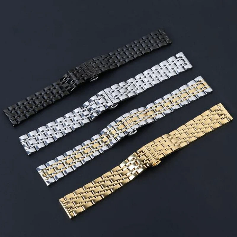 Metal Stainless Steel Watch Band Wrist Strap 16mm 18mm 20mm 22mm Butterfly Clasp Bracelet Men Women Black Rose Gold with Pins