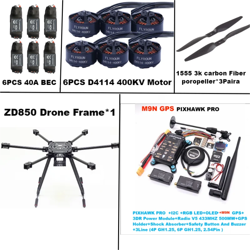 ZD850 PRO M9N Full Carbon Fiber 850mm Hexa-Rotor Frame BLHELI 40A ESC PIXHAWK Flight Comtrol Rado Telemetry Set