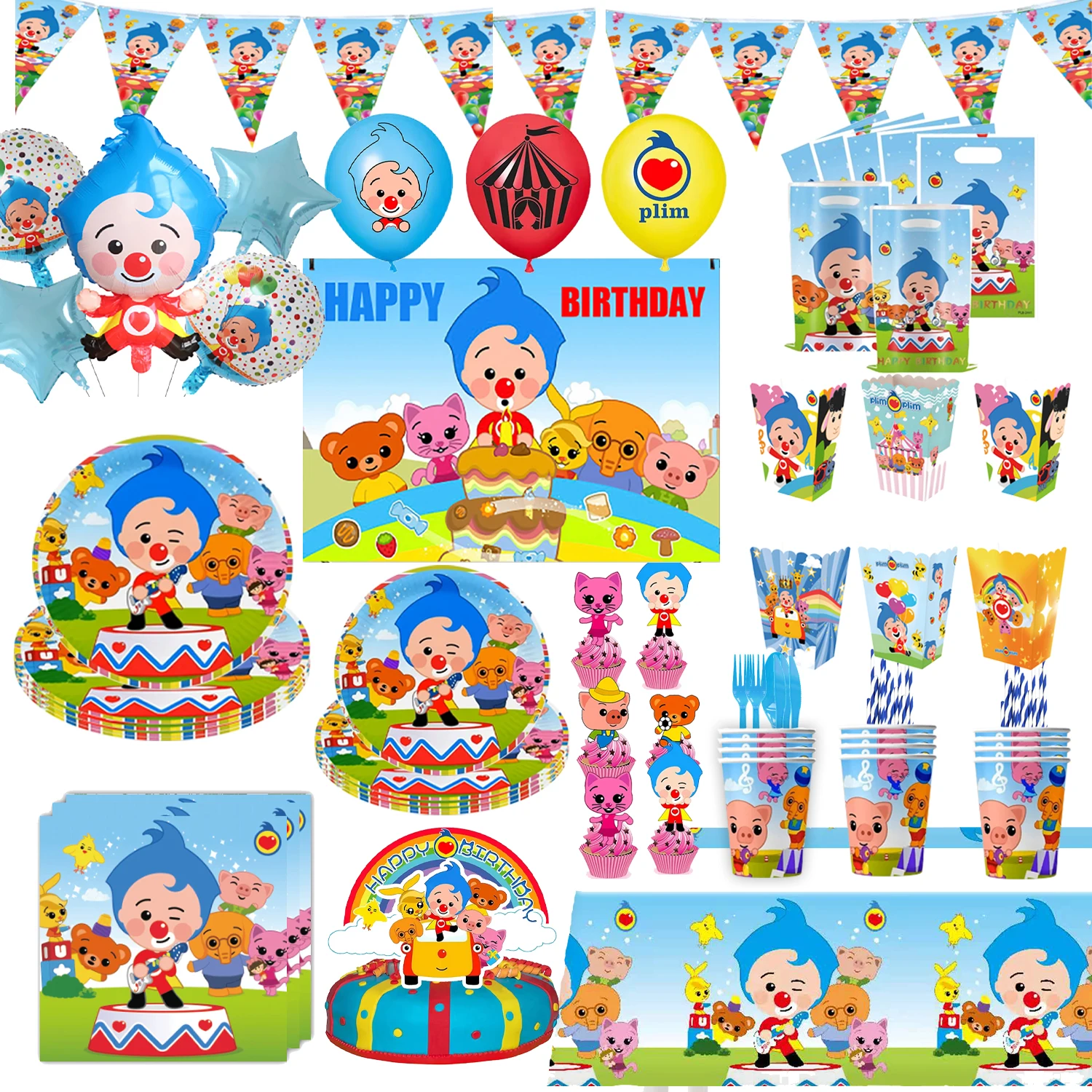 Catoon payaso decoración de fiesta de cumpleaños lindo vajilla taza plato globo pancarta telón de fondo bolsa de regalo favores para niños suministros para bebés