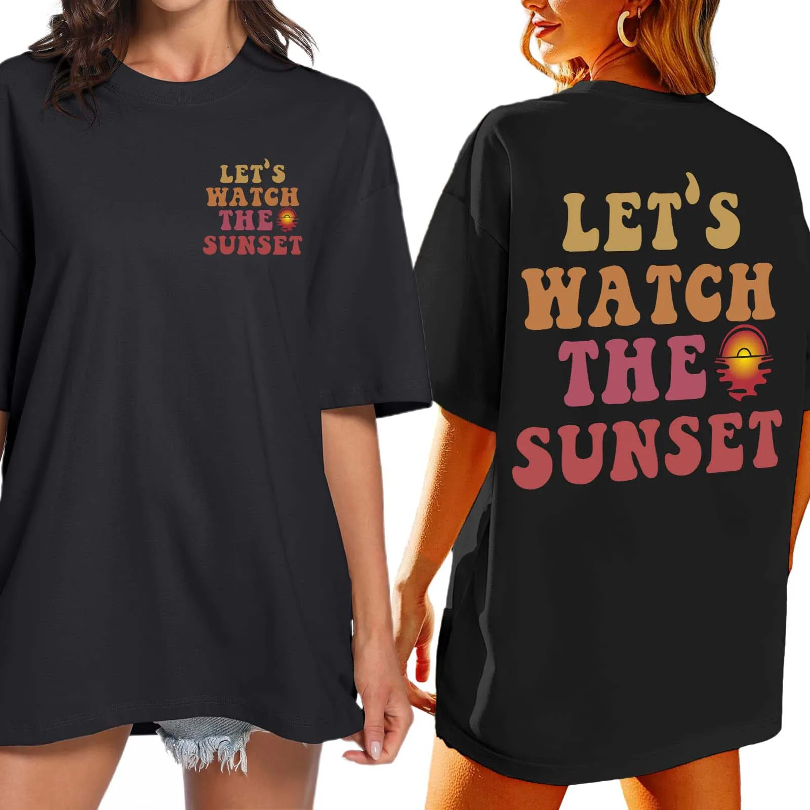 

Women'S Double Print Drop Shoulder T Shirt Let'S Watch The Sunset Short Sleeve Tees American Baggy Oversized Casual Y2k Clothing