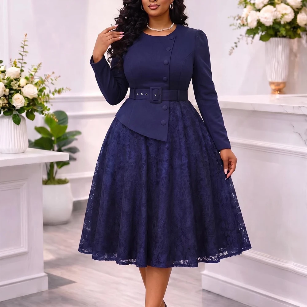 JENYAGE Damen Einfarbiges, schlichtes, langes Kleid mit Rundhalsausschnitt, Gürtel, Peplum-Spitzenrock, A-Linie, formelles Kleid für Hochzeitsgäste und Partys – Detail 7