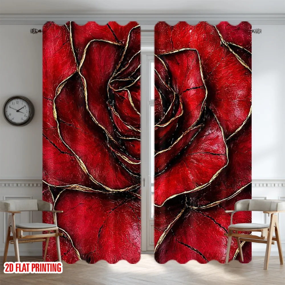 2D flat printing 2pcs Curtain Curtain Valentine's Day Red Rose Digital Printed Polyester Drapes Party Decorations Perfect for