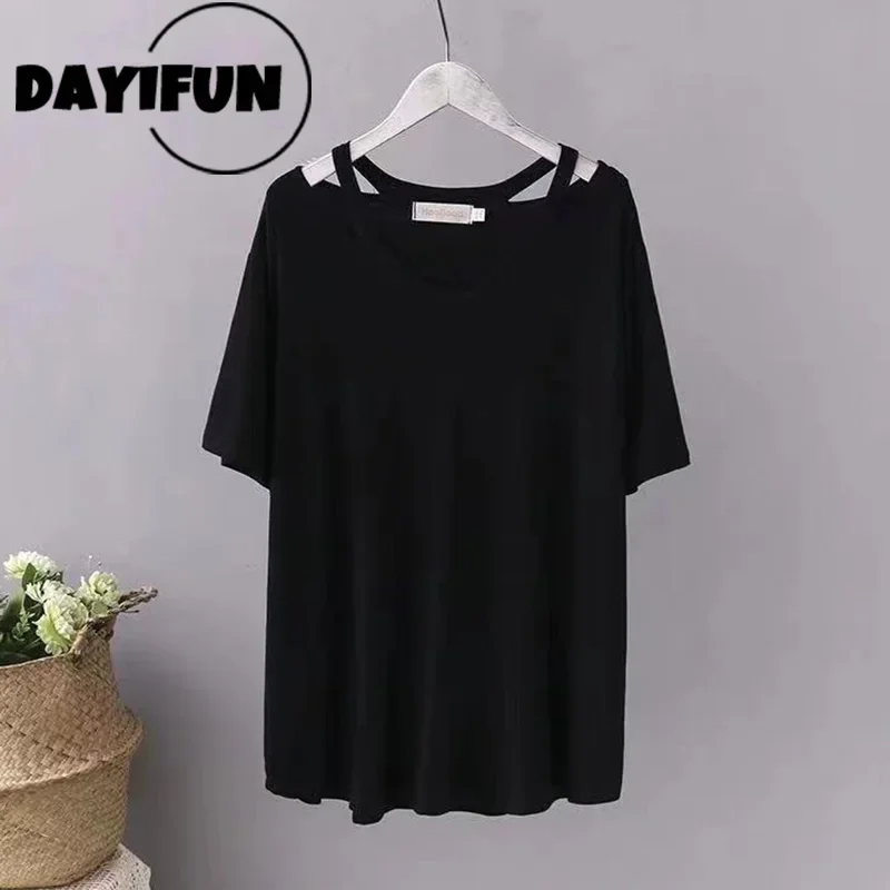 DAYIFUN Plus Size 150KG Women Large Tshirts Solid Color Tops Lady Loose Short Sleeve T-shirts Summer V Neck Hollow-out Tee Femme