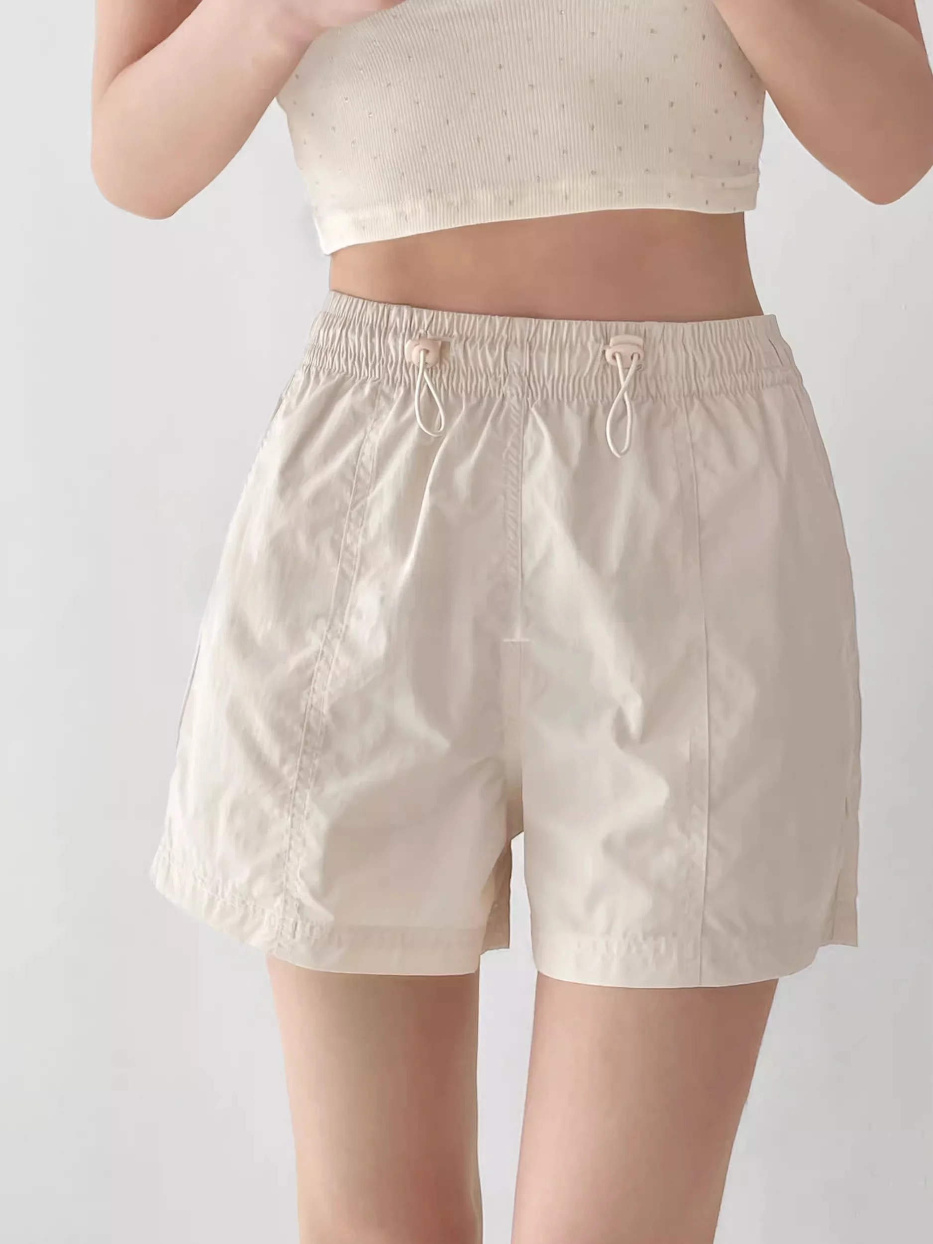 

American Street Sle Loose Casual Wide Leg Five-Point Pants Women's High Waist Dstring Slimming Qui Dry Sports Mid-Pants