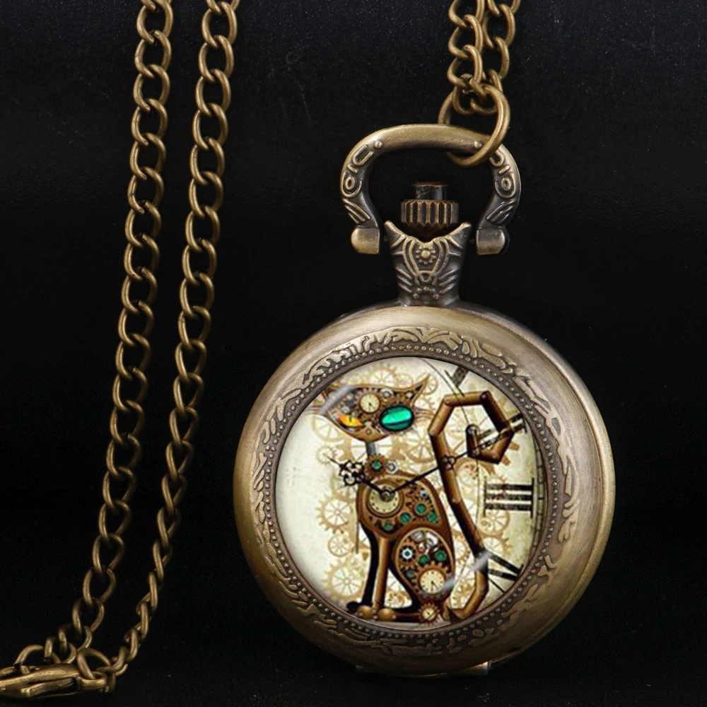 New Mysterious machine Cat Bronze Vintage Quartz Pocket Watch Women Men Necklace Unique Pendant Clock Watch Gift Accessories