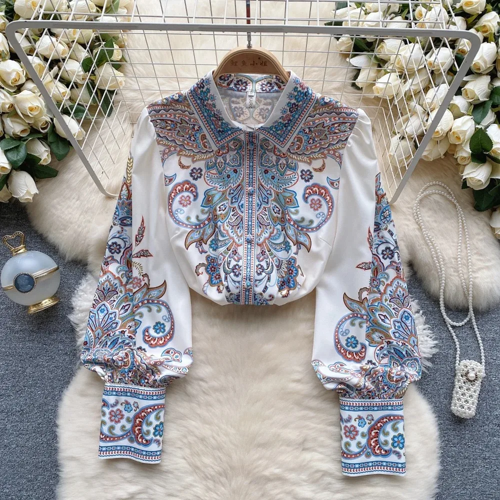 Vintage Elegant Print Lantern Sleeve Loose Blouse Fashion Polo-neck Shirt  Casual Chic Top Fairy Autumn Women