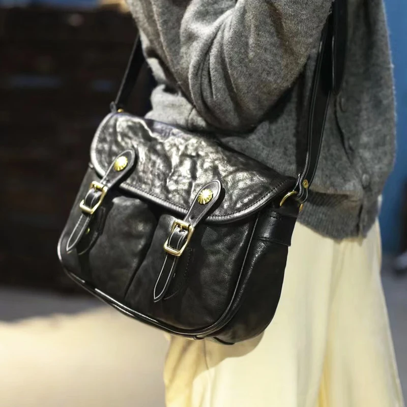 حقيبة ساعي البريد النسائية المصنوعة يدويًا من الجلد الطبيعي الفاخر للعمل في الهواء الطلق والسفر من الطبقة الأولى من جلد البقر حقيبة كتف سوداء #2