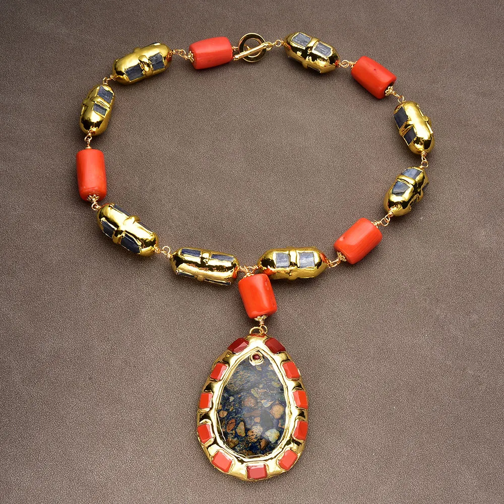 GG Orange Coral Blue Kyanite With Electroplated Edge Bezel Gold Plated Brushed Necklace Ocean Jasper Coral Pendant