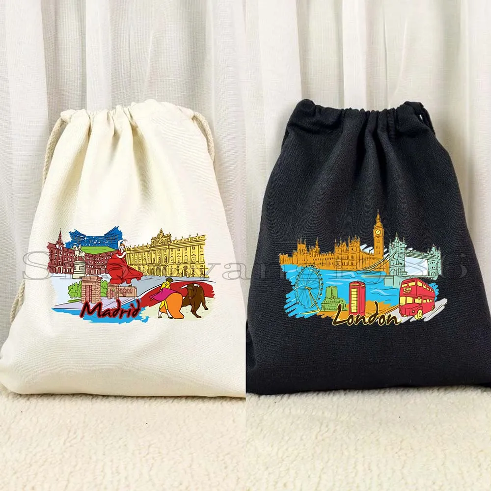 

Budapest Barcelona Edinburgh Florence Lisbon London Madrid Jerusalem Jakarta Canvas Drawstring Bag Backpack Sports Gym Sackpack