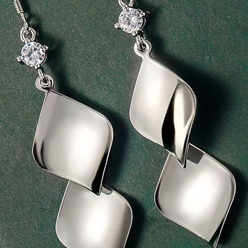 Drop Earrings 925 Sterling Silver Women Jewelry Glitter Ear Dangle New Bohemian Ethnic Style Double Rhombus Leaf Blade Zircon
