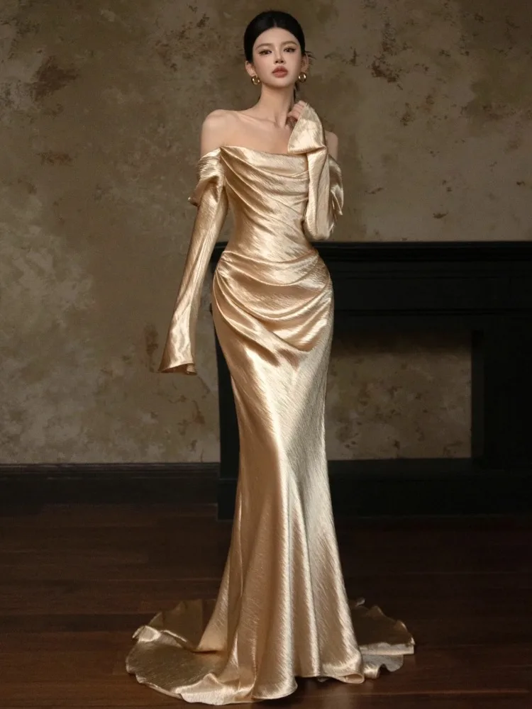 الذهب حورية البحر فساتين لحضور الحفلات الموسيقية قبالة الكتف الساتان مساء فستان طويل الأكمام الفاخرة الرسمية فستان حفلة كوكتيل مخصص