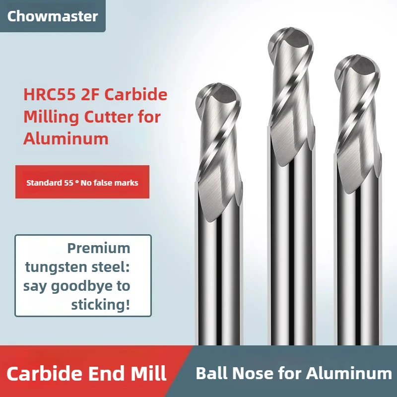 

Chowmaster HRC55 Шариковая концевая фреза из твердого сплава 2F Фреза из вольфрамовой стали без покрытия для алюминия R0.5 R1 R2 R3 R4 R5 R6