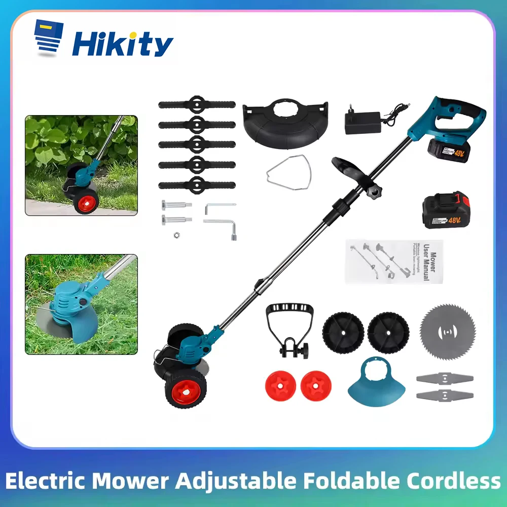 Tondeuse à gazon sans fil Hikity, tondeuse électrique, pliable, sans fil, rechargeable, pour jardin, arbustes, 1800W avec batterie