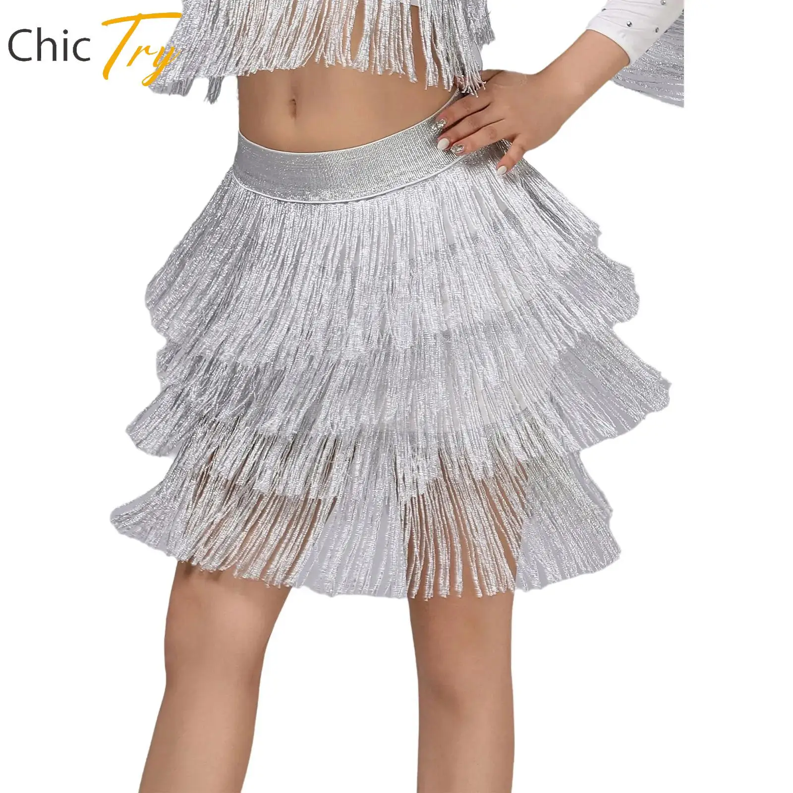 

Womens Tassel Latin Tango Dancing Skirts Stretchy Tiered Fringe Swing Skirts Chacha Rumba Samba Costumes Performance Dancewear