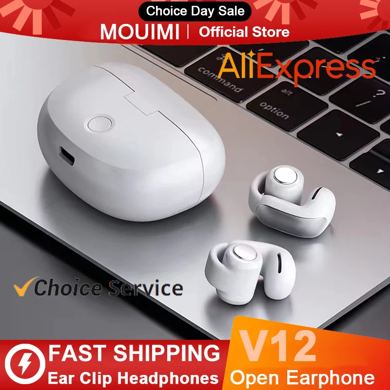 New V12 Ear Clip Earphone Wireless Bluetooth 5.3 Headphones Sports Gaming Open Headset HiFi Stereo Earbuds 350mAh Long Standby