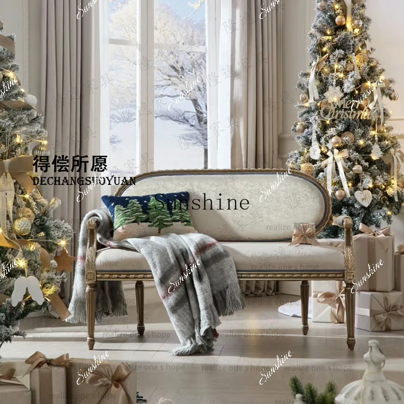 

French court retro solid wood carving flower sofa country living room bedroom double leisure chair customizationP