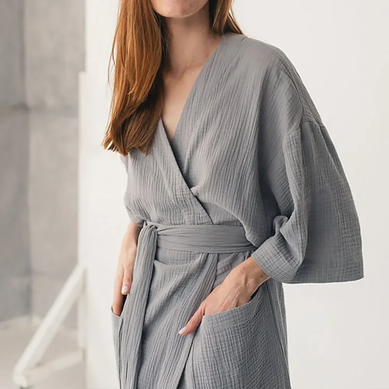 Muslin 100% Cotton Gauze Robe Women\'s Dress Three-quarter Sleeves Gray Nightdress Sleepwear Bandage Bathrobe Female Pajamas