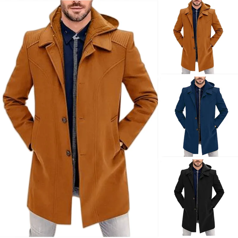 

European Sle Men's Woolen Coat Fake Two-Piece Outerwear Long Length Slim Fit Chinese Production Autumn Season Faion