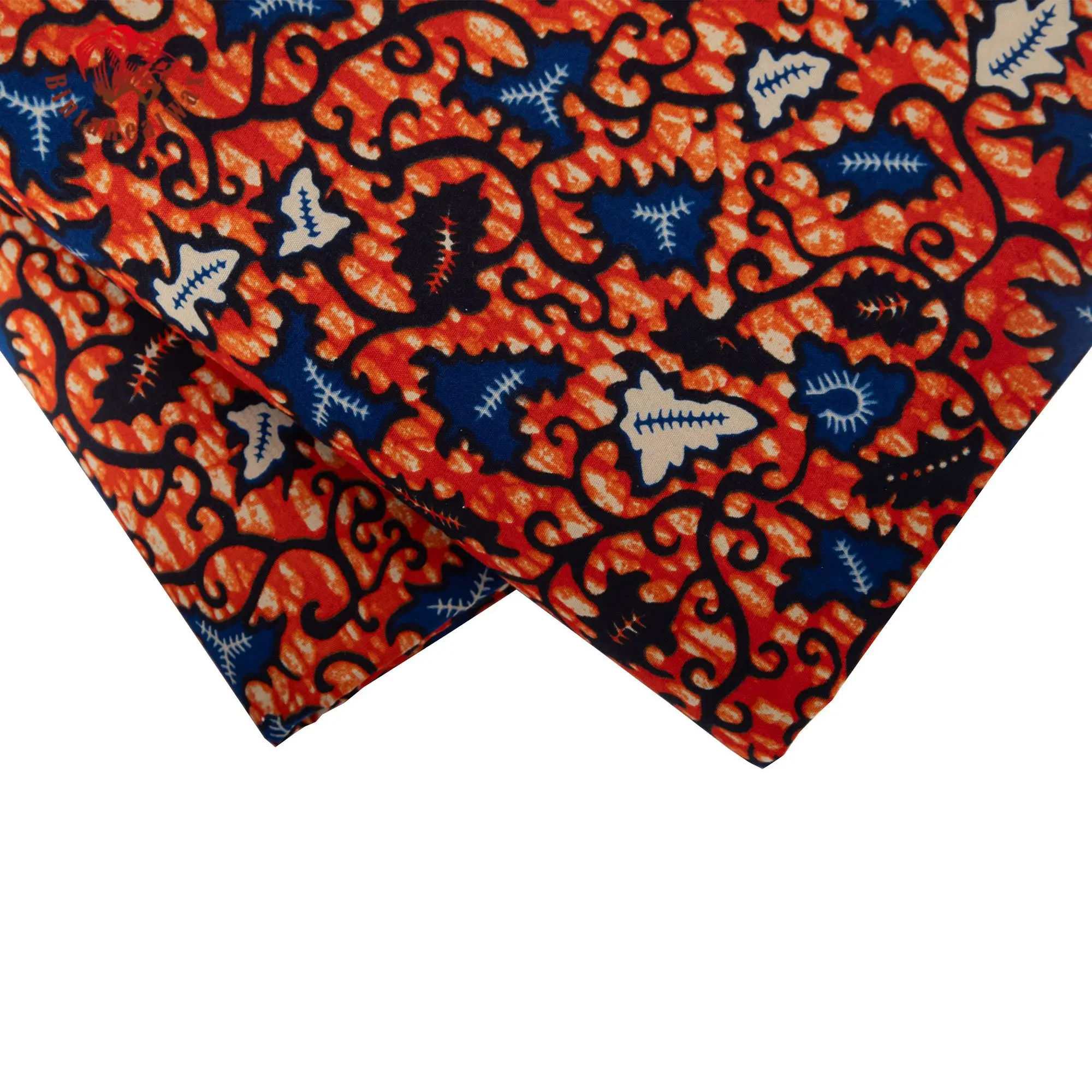 African Wax Print Fabric, Orange Blue White Floral Batik Pattern, 100% Cotton Dutch Wax Ankara Fabric for Dress Skirt 24FS1628 view 6