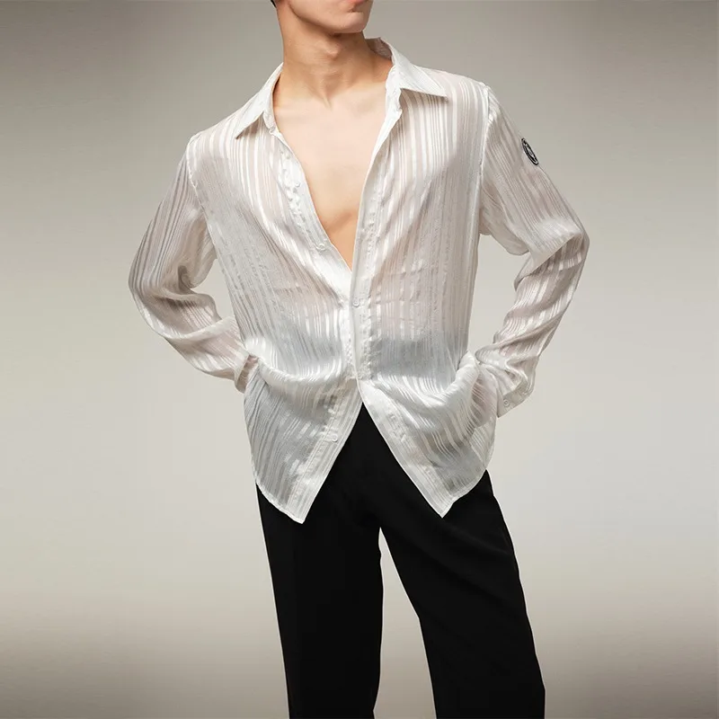 Customized GIYA Men's Latin Practice Clothes Black and White Transparent Silver Thread Striped Shirt Versatile Collar