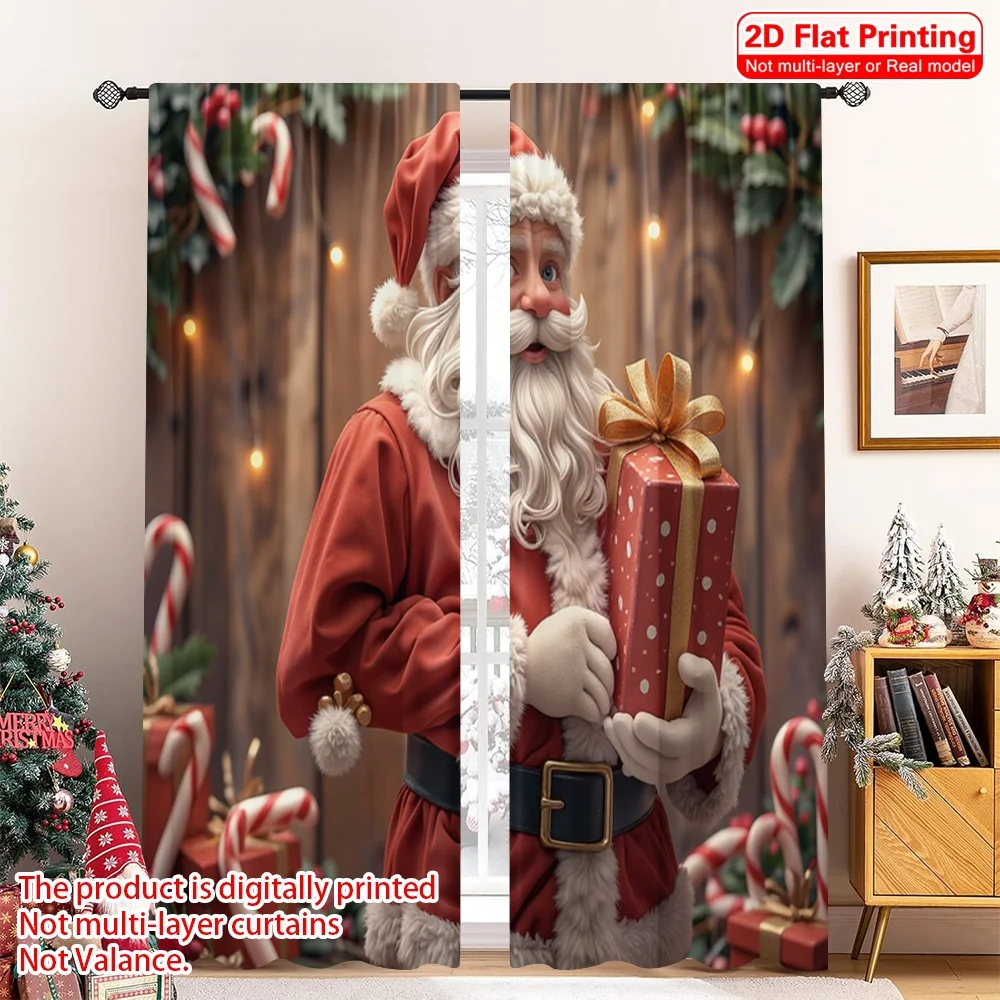 

2pcs 2D flat printing Christmas Window Drapes Santa Claus Gifts Christmas Festive 100% Polyester Without Electricity Holiday