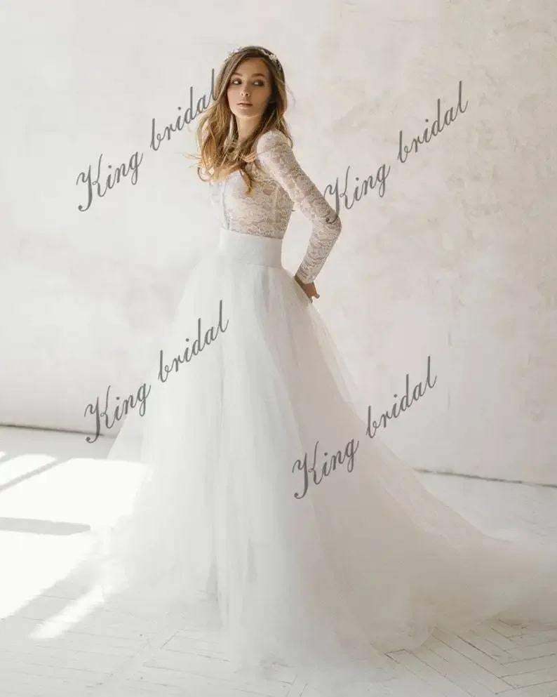 Custom Made 2026 Off White Tulle Wedding Dress Lace Wedding Gown Bohemian Bridal Separates Two Piece  Simple Wedding Dresses