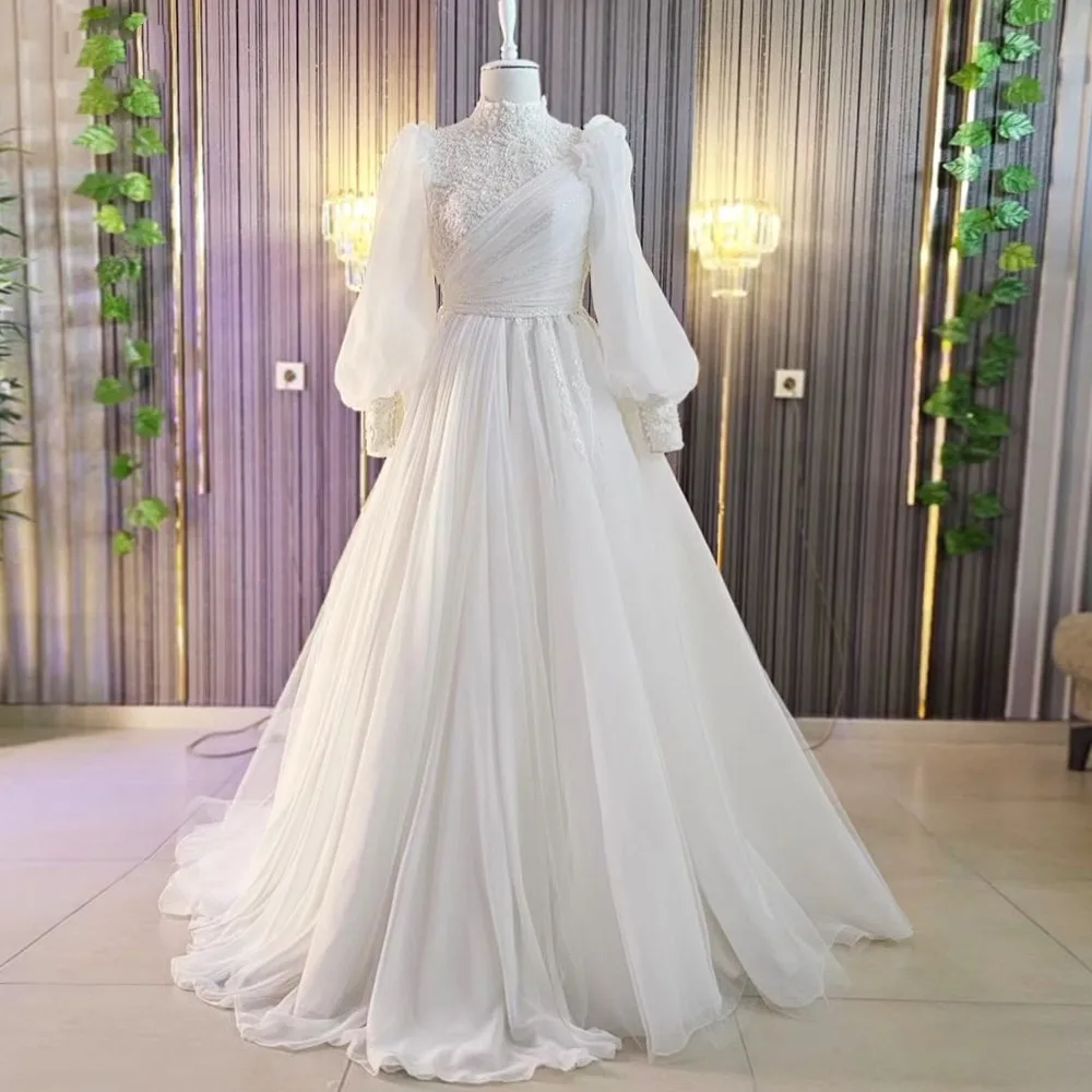 Funyue-Vestidos De Novia musulmanes De cuello alto, Vestidos De Novia 2024, corte en A, encaje De Organza con cuentas, mangas abullonadas, Vestidos De Novia