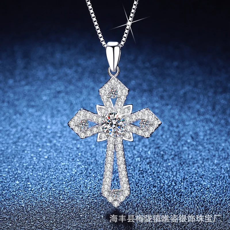 

Women's PT950 Platinum Moissanite Necklace - 0.5Ct Cross Pendant, Edgy Light Luxury Hip Hop Style, Bulk Wholesale